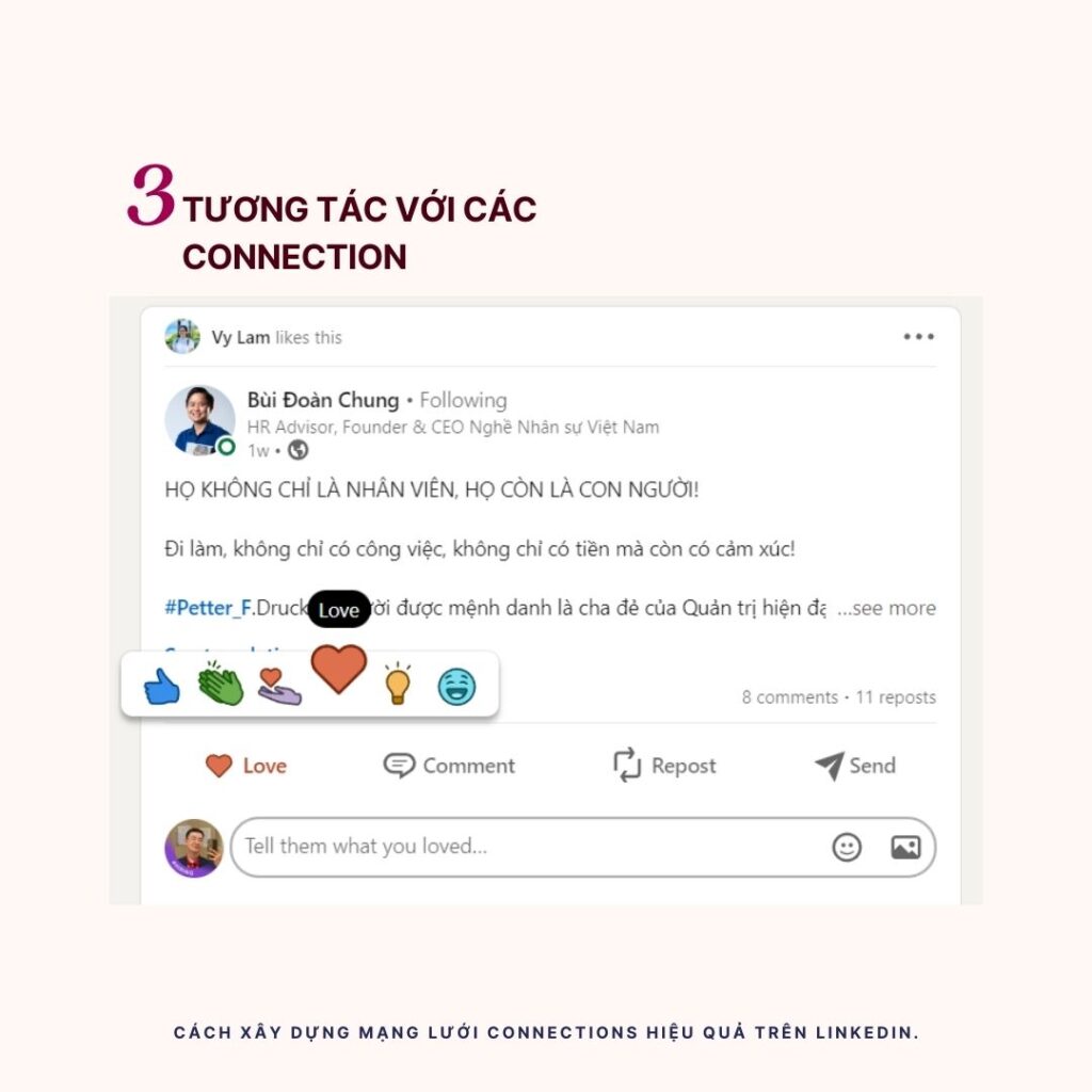 Thường xuyên tương tác với các connections của bạn bằng cách bình luận và chia sẻ bài đăng của họ, gửi cho họ tin nhắn và chúc mừng họ về những thành tựu của họ. Điều này có thể giúp bạn xây dựng mối quan hệ mạnh hơn và tăng khả năng họ tương tác ngược lại với nội dung của bạn.