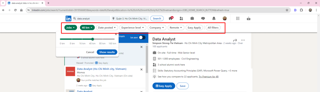 Sử dụng bộ lọc tìm kiếm việc làm trên LinkedIn để thu hẹp kết quả.